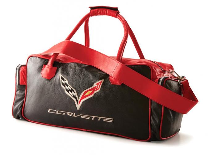 Black & Red Leather Duffel Travel Bag C7 Embroidered Emblem