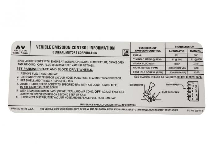 71 Emission Decal - 454 / 365 HP (AV)