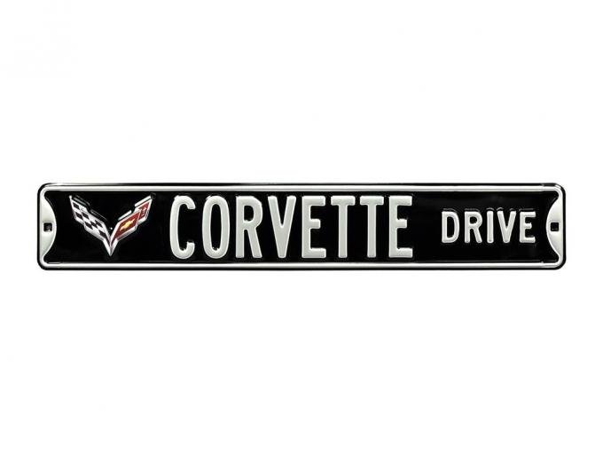 Corvette Drive Black Metal Street Sign - C7 Logo