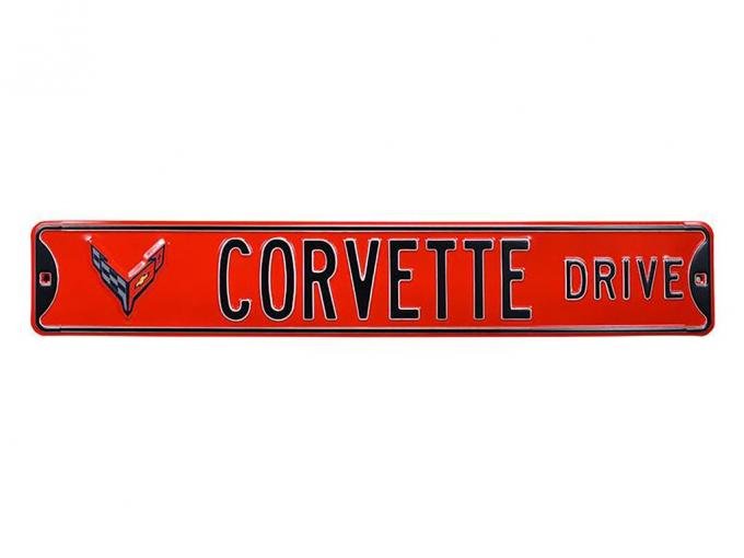 Corvette Drive Red Metal Street Sign - C8 Logo