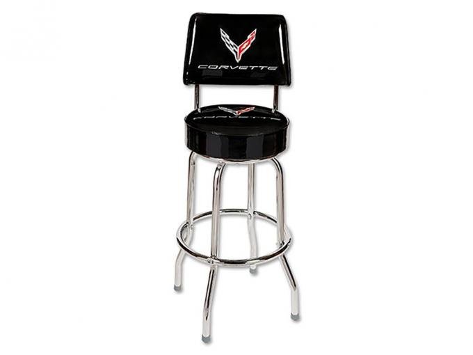 Black Counter Stool With Back With C8 Corvette Logo