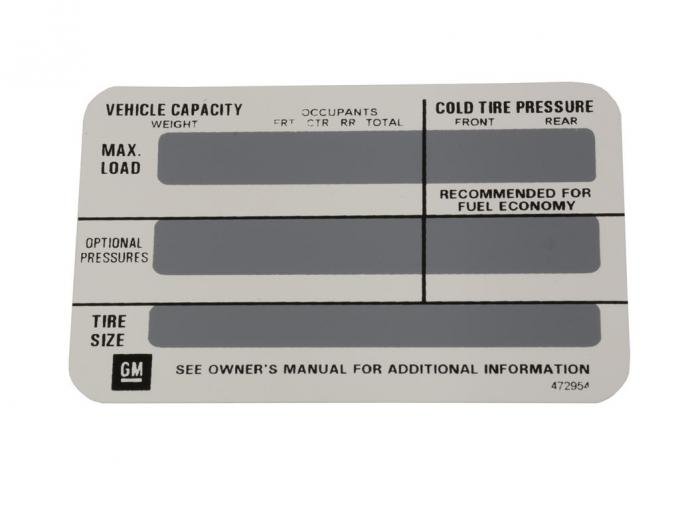 78-82 Door Decal - Tire Pressure Decal On Back Of Left Hand Door