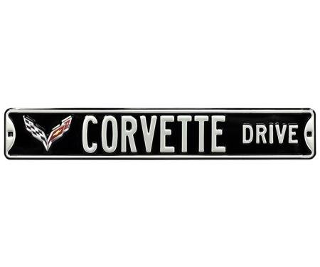 Corvette Drive Black Metal Street Sign - C7 Logo