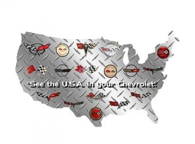 Metal Sign - Usa Shaped With All Corvette Logos - 24" X 14" - Photo Steel