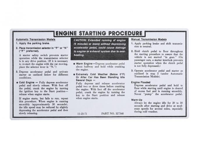 1972 Engine Starting Procedure Decal