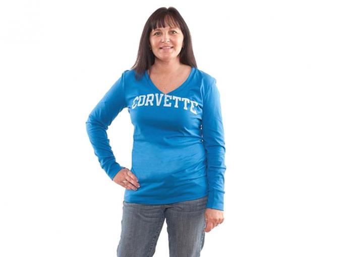 T-Shirt Womens Long Sleeve Blue With Corvette Script