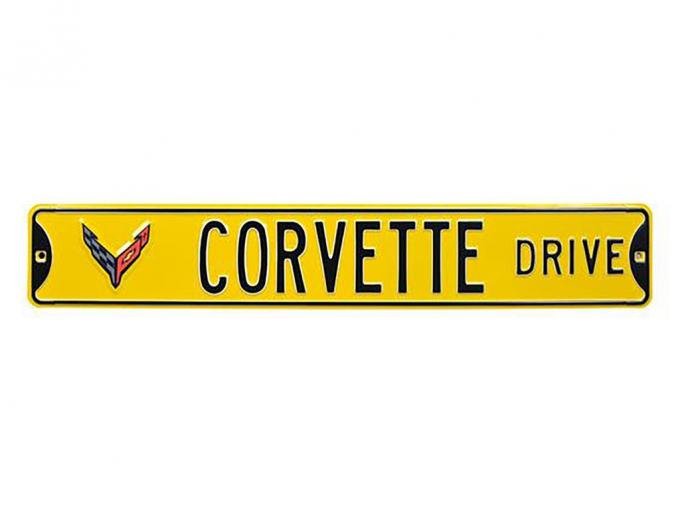 Corvette Drive Yellow Metal Street Sign - C8 Logo