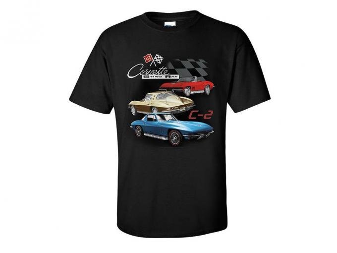 1963-1967 Black T-Shirt C2 3 Car Front Print