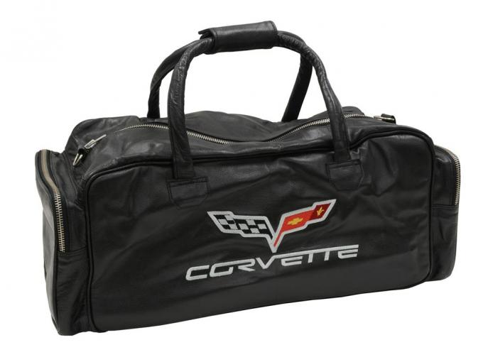 Black Leather C6 Embroidered Emblem Duffel / Travel Bag