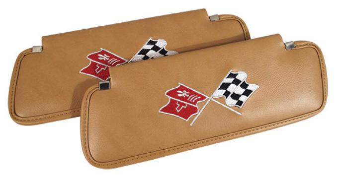 CA 1973 Chevrolet Corvette Sunvisors Madrid Embroidered with Logo 407251 | 73-75 Medium Saddle