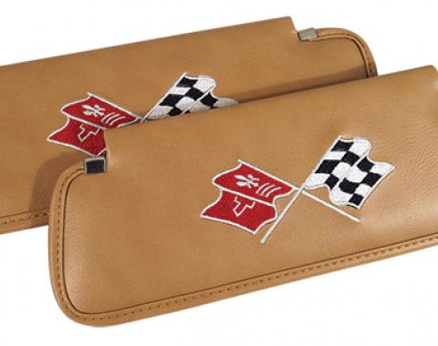 CA 1973 Chevrolet Corvette Sunvisors Madrid Embroidered with Logo 407251 | 73-75 Medium Saddle