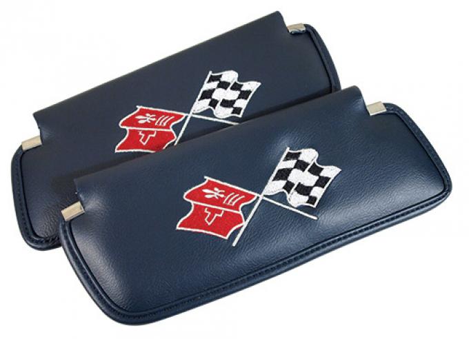 CA 1974-1975 Chevrolet Corvette Sunvisors Madrid Embroidered with Logo 408543 | 73-75 Dark Blue