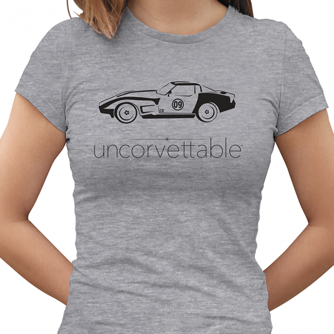 Corvette Depot "Uncorvettable" Ladies Tee, with 3rd Generation Corvette, Heather Gray