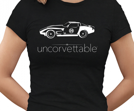 Corvette Depot "Uncorvettable" Ladies Tee, with 3rd Generation Corvette, Black