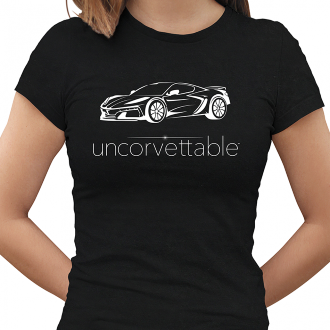 Corvette Depot "Uncorvettable" Ladies Tee, with 8th Generation Corvette, Black