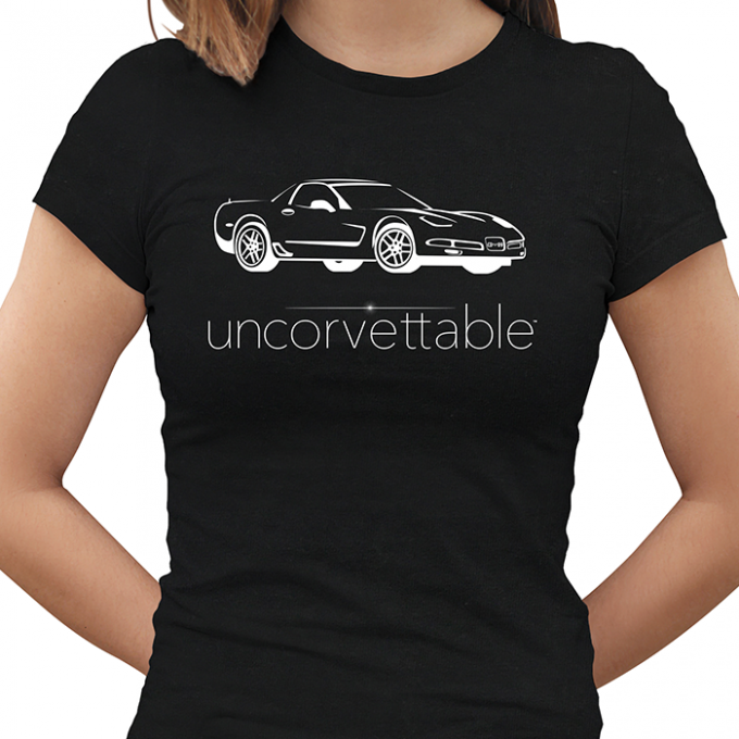 Corvette Depot "Uncorvettable" Ladies Tee, with 5th Generation Corvette, Black