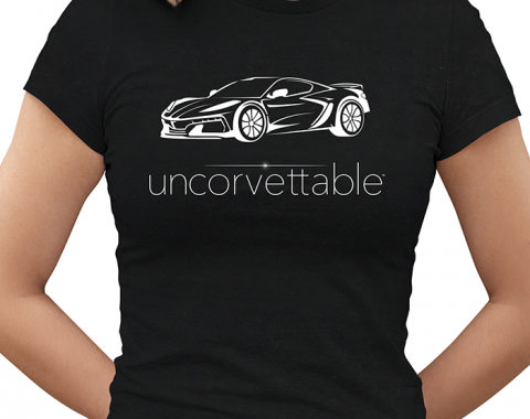Corvette Depot "Uncorvettable" Ladies Tee, with 8th Generation Corvette, Black