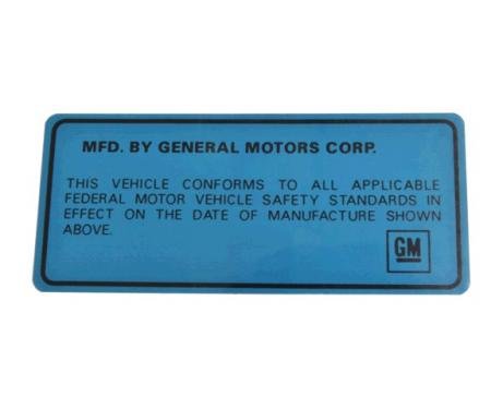 Door Decal, Vehicle Certification Label Back of Door, 1969-1975