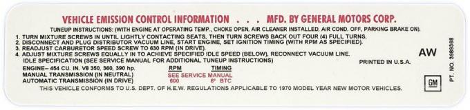 Corvette Label, Emission 454/390 HP, 1970
