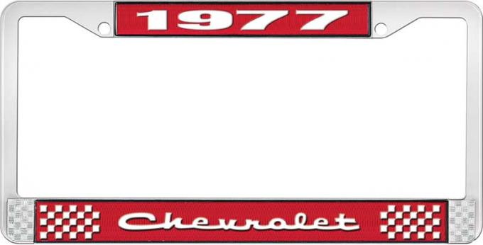 OER 1977 Chevrolet Style # 2 Red and Chrome License Plate Frame with White Lettering LF2237702C
