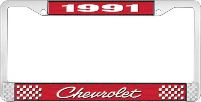 OER 1991 Chevrolet Style # 4 Red and Chrome License Plate Frame with White Lettering LF2239104C