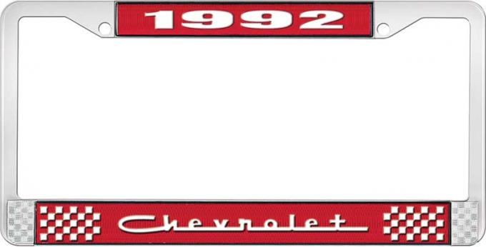 OER 1992 Chevrolet Style # 5 Red and Chrome License Plate Frame with White Lettering LF2239205C
