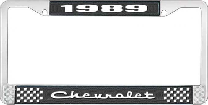 OER 1989 Chevrolet Style # Black and Chrome License Plate Frame with White Lettering LF2238902A