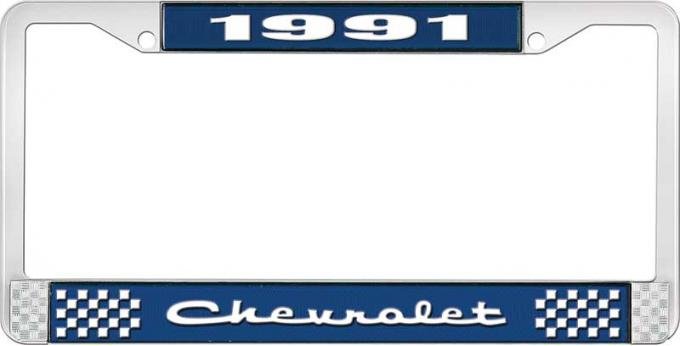 OER 1991 Chevrolet Style # 2 Blue and Chrome License Plate Frame with White Lettering LF2239102B