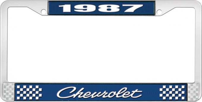 OER 1987 Chevrolet Style # 4 Blue and Chrome License Plate Frame with White Lettering LF2238704B