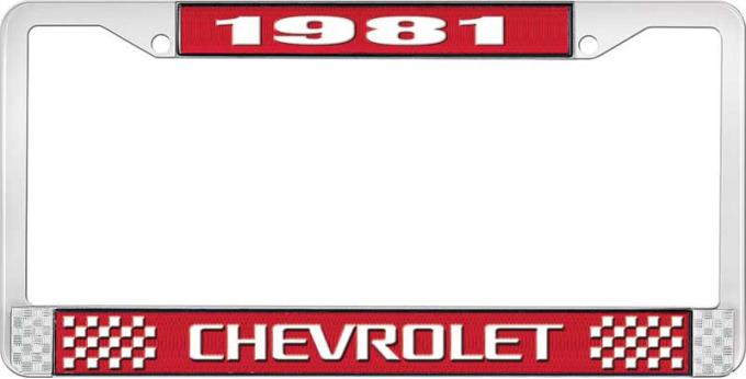 OER 1981 Chevrolet Style # 3 Red and Chrome License Plate Frame with White Lettering LF2238103C