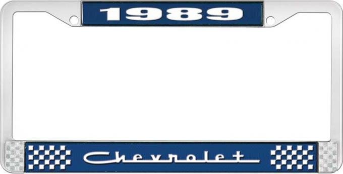 OER 1989 Chevrolet Style # 5 Blue and Chrome License Plate Frame with White Lettering LF2238905B