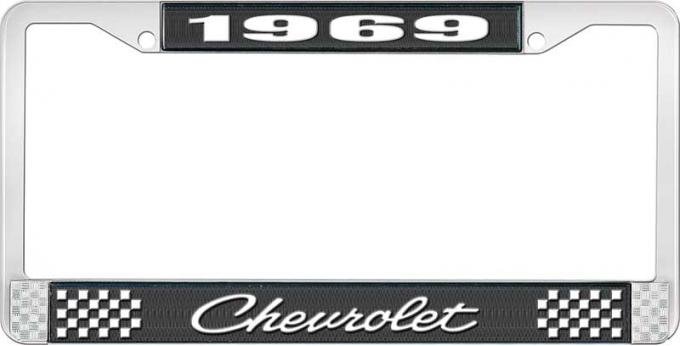 OER 1969 Chevrolet Style # 4 Black and Chrome License Plate Frame with White Lettering LF2236904A