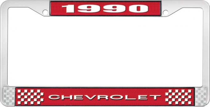 OER 1990 Chevrolet Style # 1 Red and Chrome License Plate Frame with White Lettering LF2239001C