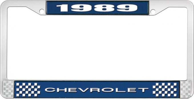 OER 1989 Chevrolet Style # 1 Blue and Chrome License Plate Frame with White Lettering LF2238901B