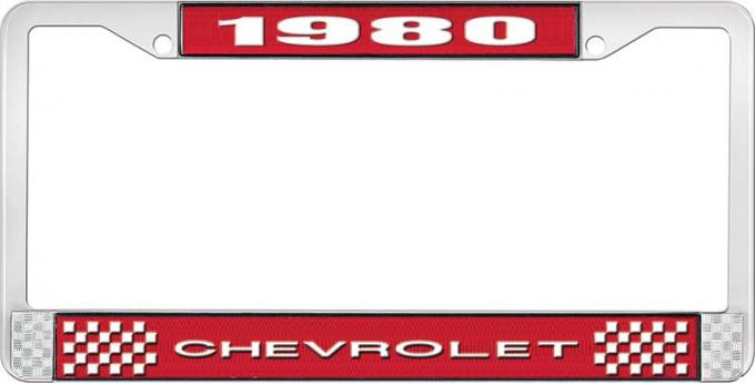 OER 1980 Chevrolet Style # 1 Red and Chrome License Plate Frame with White Lettering LF2238001C