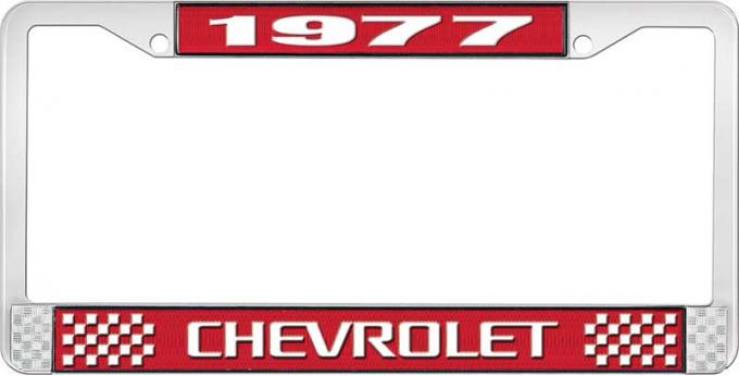 OER 1977 Chevrolet Style # 3 Red and Chrome License Plate Frame with White Lettering LF2237703C
