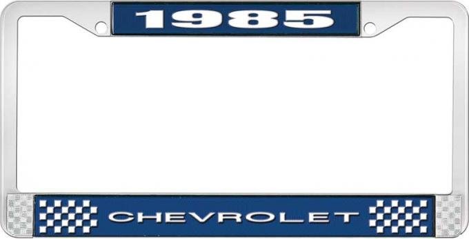 OER 1985 Chevrolet Style # 1 Blue and Chrome License Plate Frame with White Lettering LF2238501B