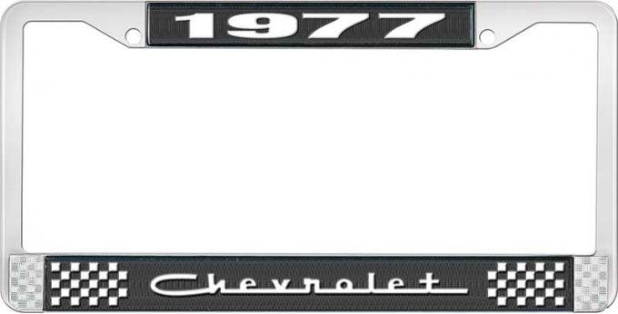 OER 1977 Chevrolet Style # 5 Black and Chrome License Plate Frame with White Lettering LF2237705A
