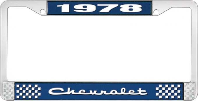 OER 1978 Chevrolet Style # 2 Blue and Chrome License Plate Frame with White Lettering LF2237802B