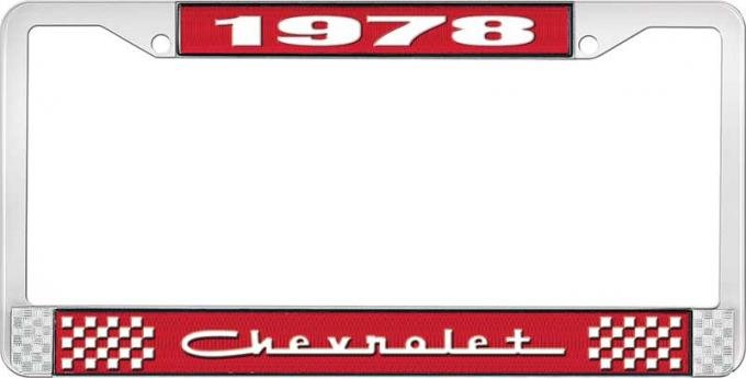 OER 1978 Chevrolet Style # 5 Red and Chrome License Plate Frame with White Lettering LF2237805C