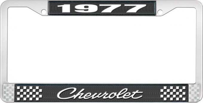 OER 1977 Chevrolet Style # 4 Black and Chrome License Plate Frame with White Lettering LF2237704A
