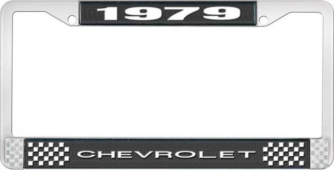 OER 1979 Chevrolet Style # 1 Black and Chrome License Plate Frame with White Lettering LF2237901A