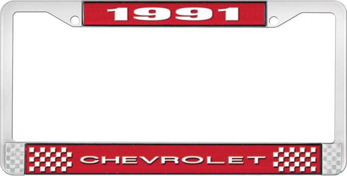 OER 1991 Chevrolet Style # 1 Red and Chrome License Plate Frame with White Lettering LF2239101C