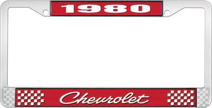 OER 1980 Chevrolet Style # 4 Red and Chrome License Plate Frame with White Lettering LF2238004C