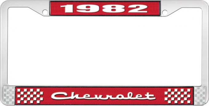 OER 1982 Chevrolet Style # 2 Red and Chrome License Plate Frame with White Lettering LF2238202C