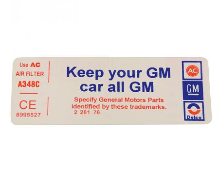 Corvette Decal, Air Cleaner Keep Your GM Car All GM, 1977