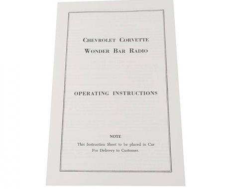 Corvette Card, Wonderbar Radio Instructions, 1958-1963