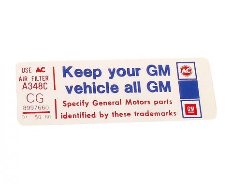 Corvette Decal, Air Cleaner Keep Your GM Car All GM, 1980