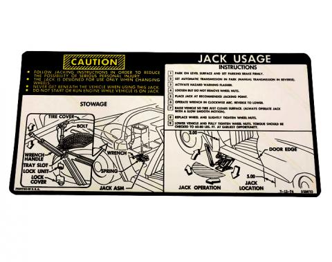 Corvette Decal, Jacking Instruction, 1975-1978