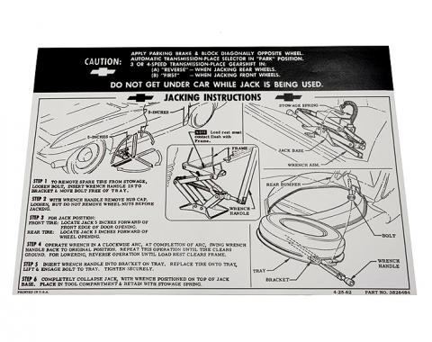 Corvette Decal, Jacking Instruction, 1963-1964